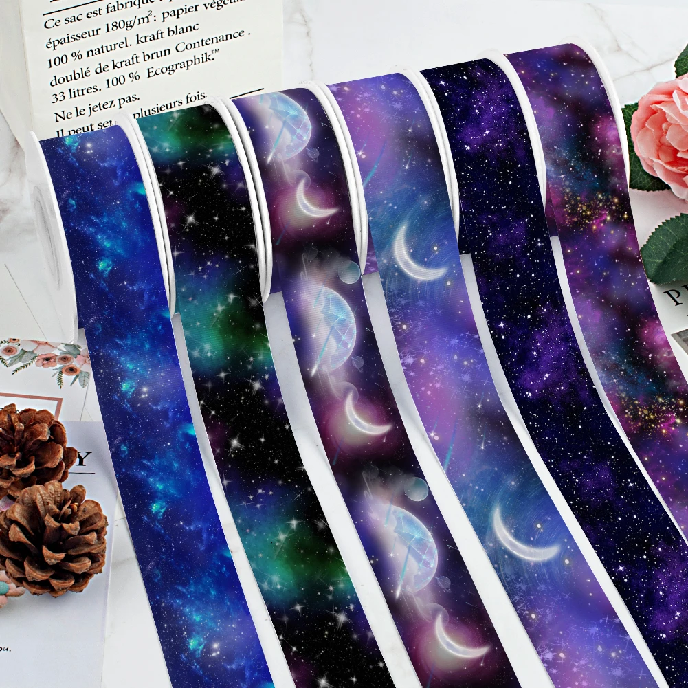 

Lovely Designs Starry sky Star Moon Pattern Printed Grosgrain Satin Ribbon for Gift Wrapping Hair Bow Craft Accessory 50 Yards