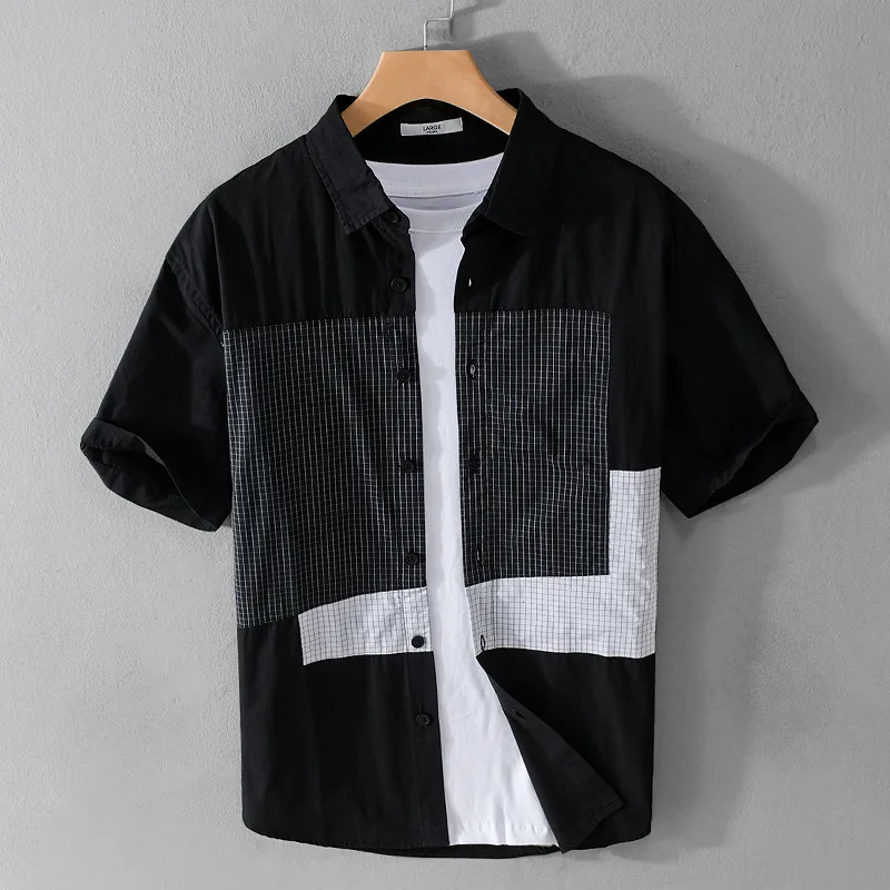 

932 Summer Fashion Men's Plaid Patchwork Cotton Shirts High Quality Short Sleeve Teens Loose Casual Thin Blouse Basics Tops Male