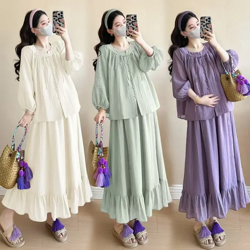 Spring Maternity Clothes Set Long Lantern Sleeve Single-breasted Shirts Belly Skirts Twinset Fashion Pregnant Woman Suits
