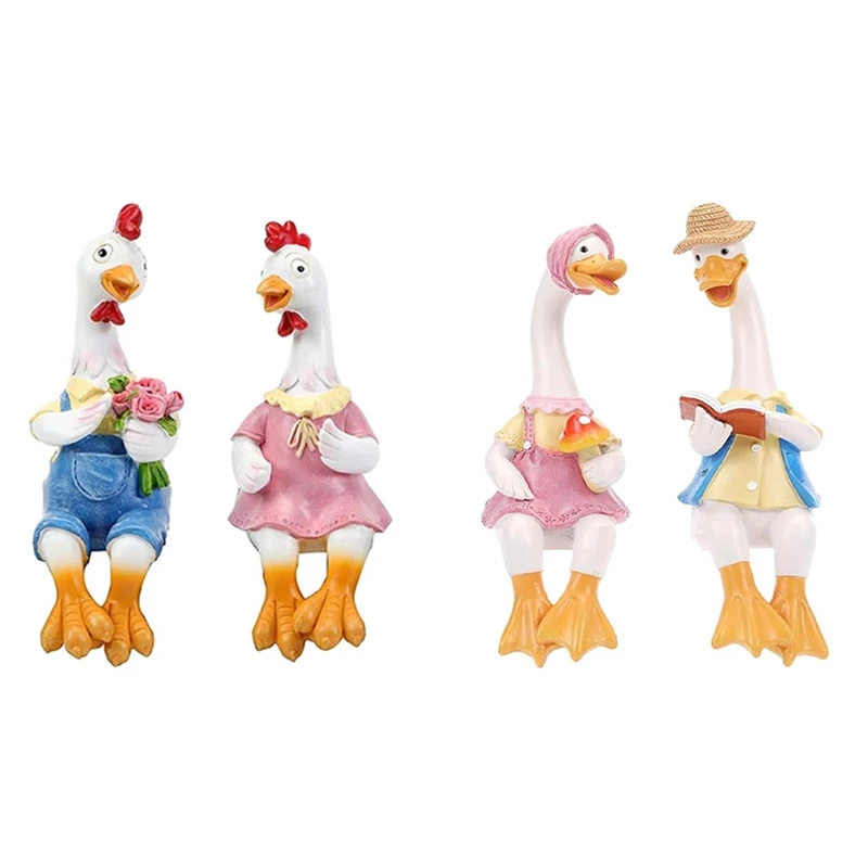 

Couple Duck Garden Statues Cartoon Resin Cute Sitting Chicken Sculpture Goose Lovers Figurine Gift Decoration For Home