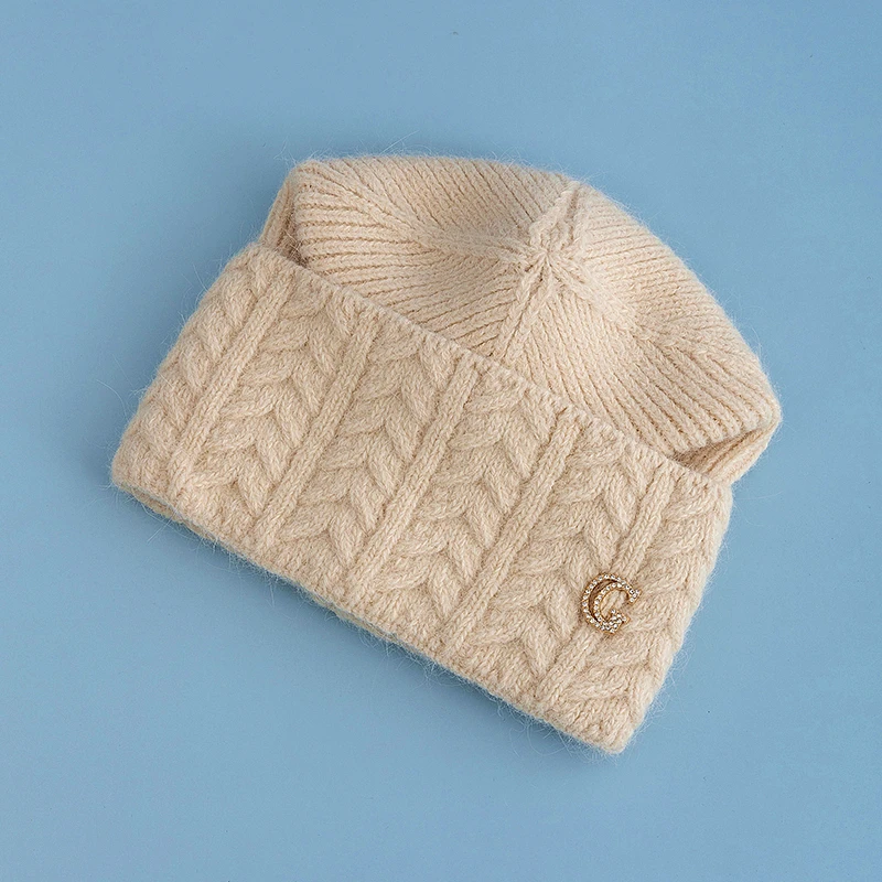 New Style Simple Dandy Winter Hat G Letter Decor Rabbit Fur Beanie Elegant Winter Hats For Women Candy Colors Warm Knit Hats