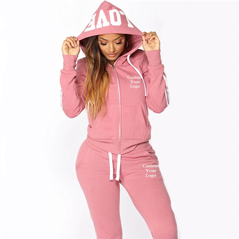 autumn winter hooded sweatshirt suit men and women couple jogging hoodies sweatpants two pieces set streetwear casual clothing Fashion Ladies Custom Logo Hoodies + Long Pants Two Pieces Set Autumn Winter Women Tracksuits Jogging Sports Wear Suit