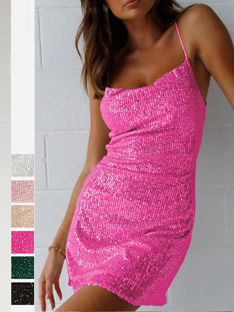 

Women Sexy Sequined Dress Sleeveless Low Cut Spaghetti Strap Bodycon Dress Sequin Club Mini Party Camisole Dresses