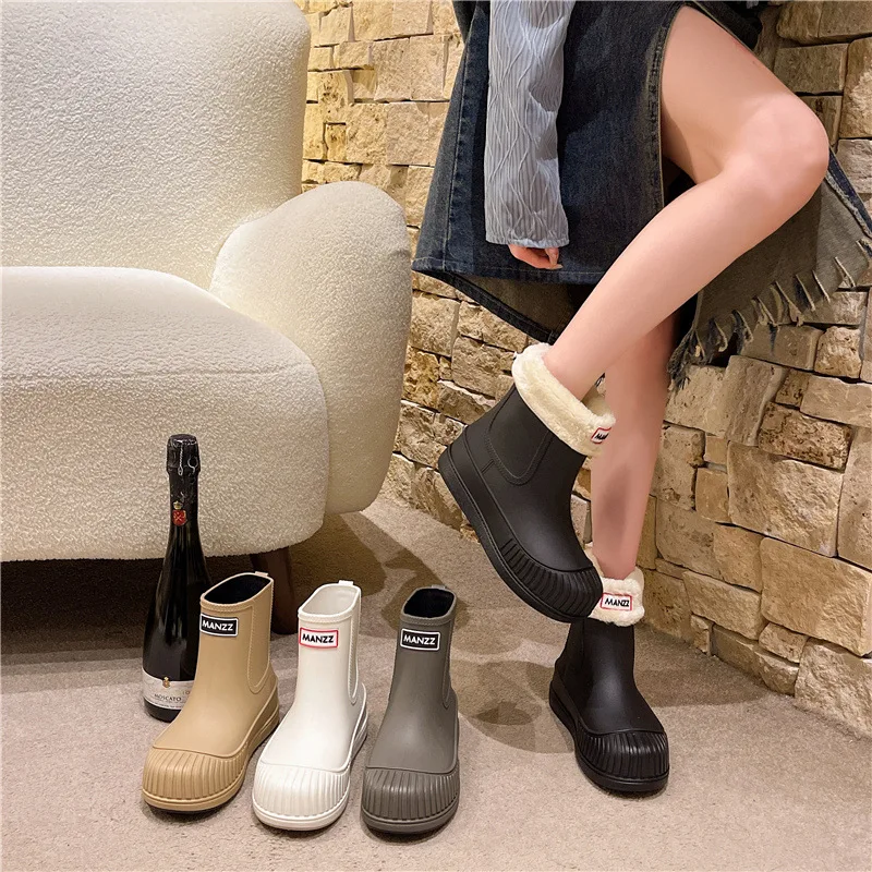 

Detachable Women Ankle Rain Boots Clogs Slip-on Women Fleece Platform Rainboots Non-Slip EVA Boots Height Increasing Booties