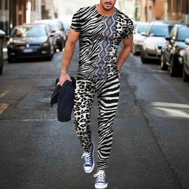 Leopard Print T-shirt Trousers New Fashion Men's Streetwear Sports Short Sleeve T Shirt+pants 2 Pcs Sets Men Tracksuit Jogging