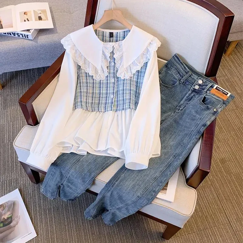 

Autumn Winter Elegant Two-piece Set For Women 2023 Doll Collar Ruffles Plaid Blouse Tops And Jeans Large Size Female Slim Suits