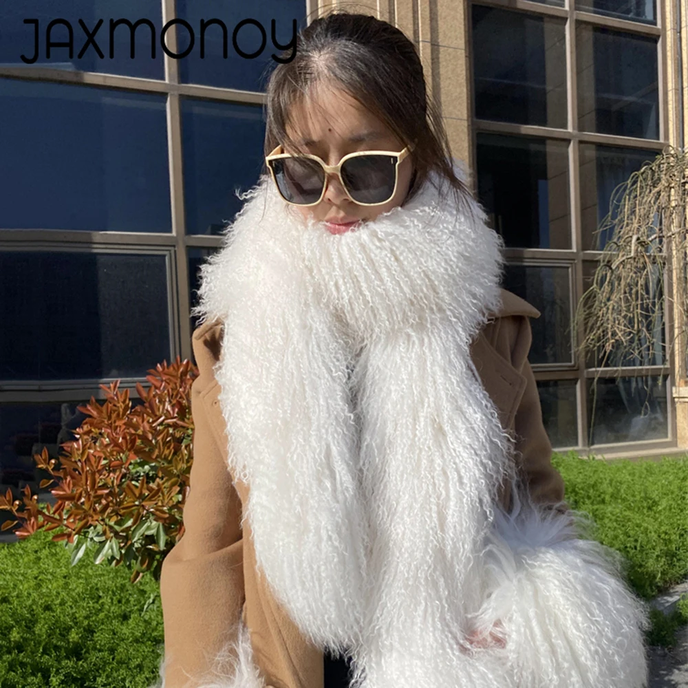 

Jaxmonoy Korean Quality 100% Real Mongolian Sheep Fur Scarf Women Winter Warm 180CM Long Scarves Ladies Fashion Lamb Fur Scarf