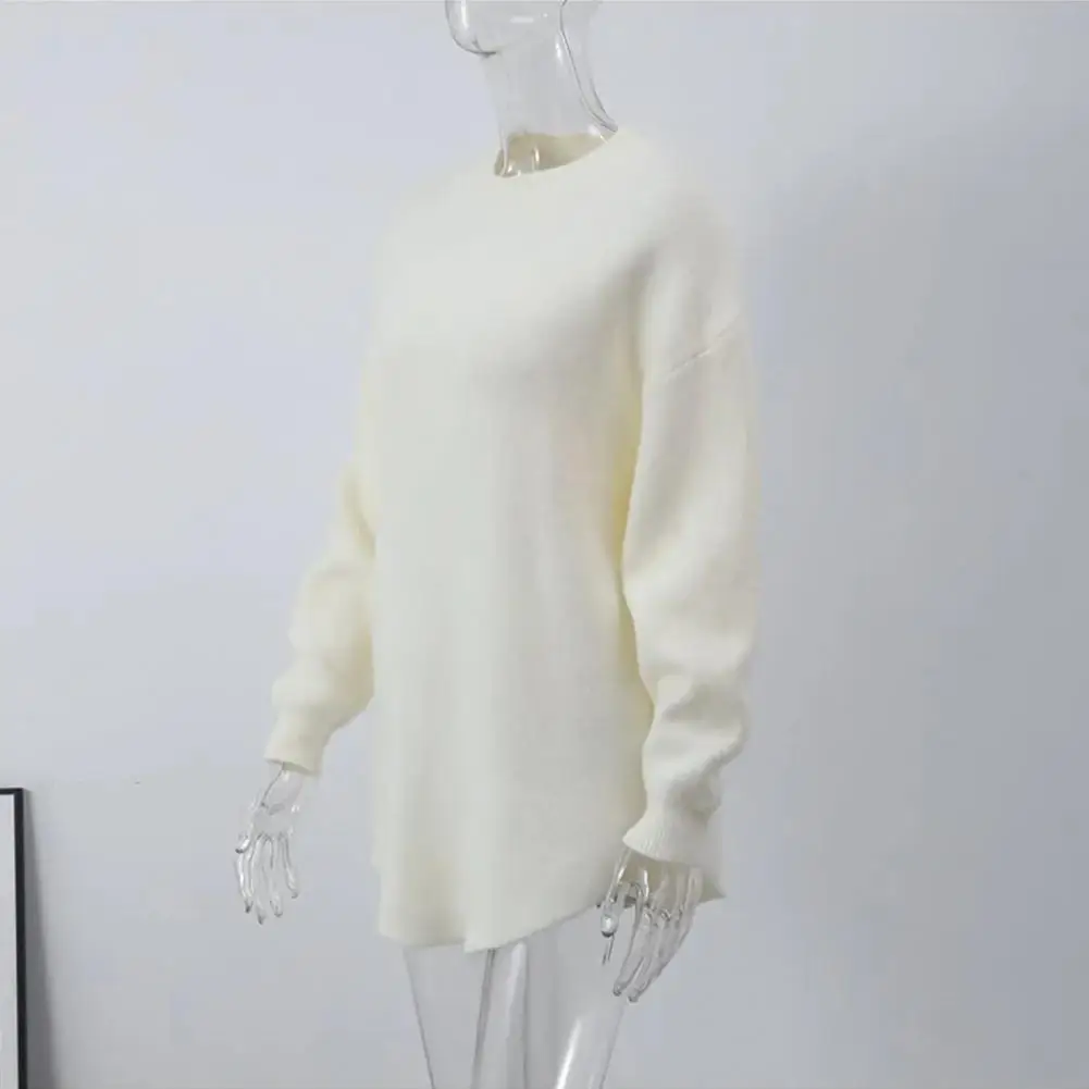 

Comfortable Thermal Sweater Cozy Mid-length Solid Color Sweater for Women Loose Fit Round Neck Pullover with Irregular Hem Thick