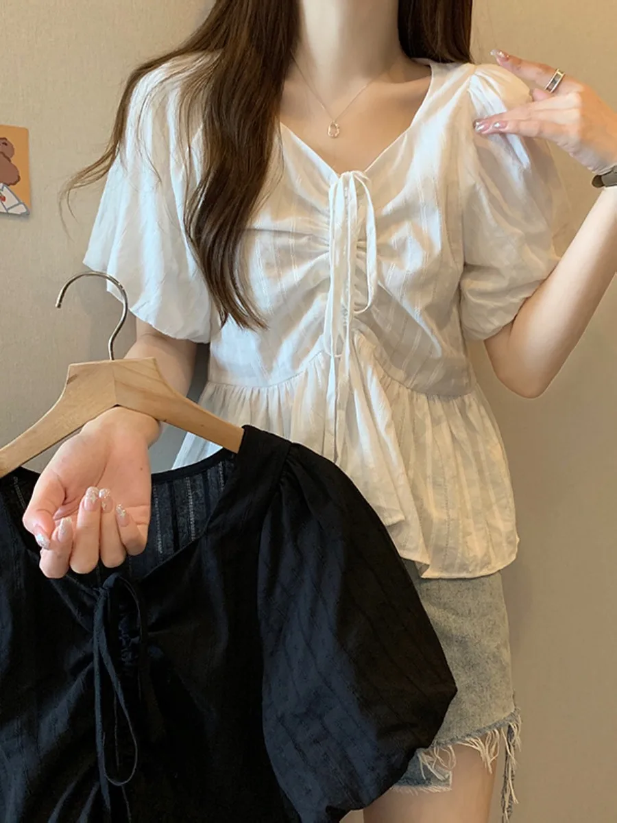 루즈핏 v 넥 풀오버 셔츠 반소매 드로스트링 탑 트렌디 솔리드 컬러 여름 패션 여성 플러스 사이즈 디자인 센스