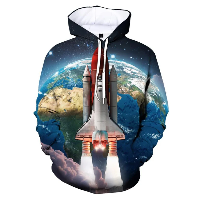 Sudadera con capucha con estampado 3D de transbordador espacial para hombre y mujer, sudadera con gráficos de cohetes, jersey de manga larga, sudaderas con capucha para primavera y otoño para niños