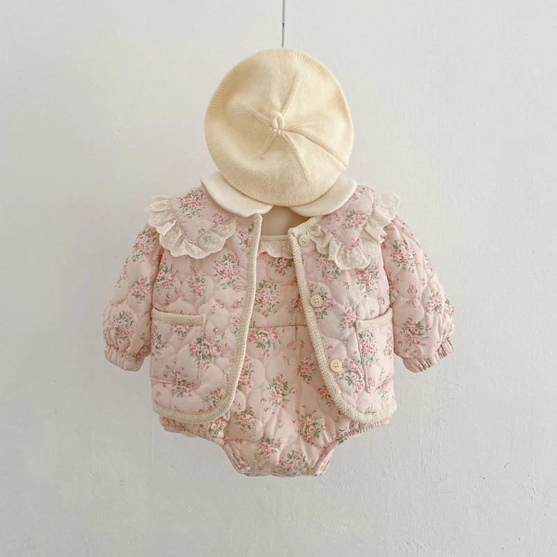 Toddler Baby Girl Clothing Sets Autumn Winter Floral Peter Pan Collar Padded Jacket+Romper Suit for Infants Cotton Kids Clothes