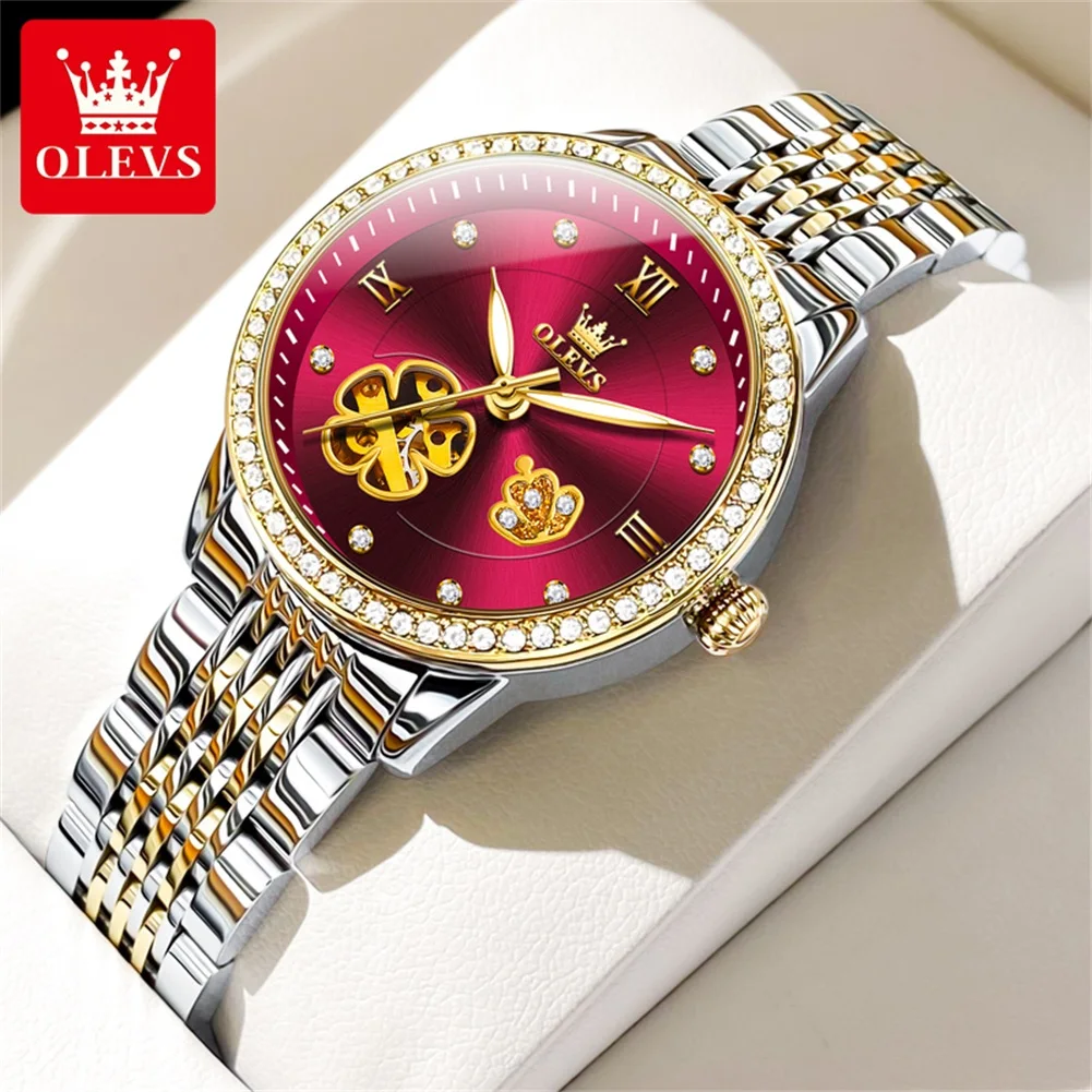 

OLEVS Brand Fashion Red Diamond Mechanical Watch for Women Stainless Steel Waterproof Luminous Skeleton Watches Montre Femme