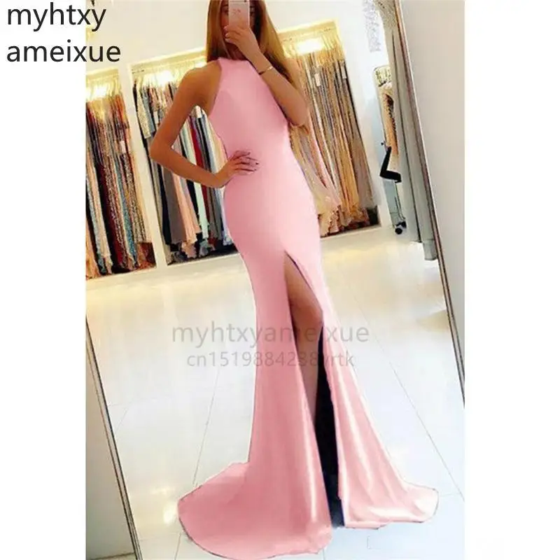 

Sexy Elegant Royal Blue Pink Mermaid Robe Evening Dresses 2022 Cutaway Sides Split Evening Gowns Halter Prom Dress