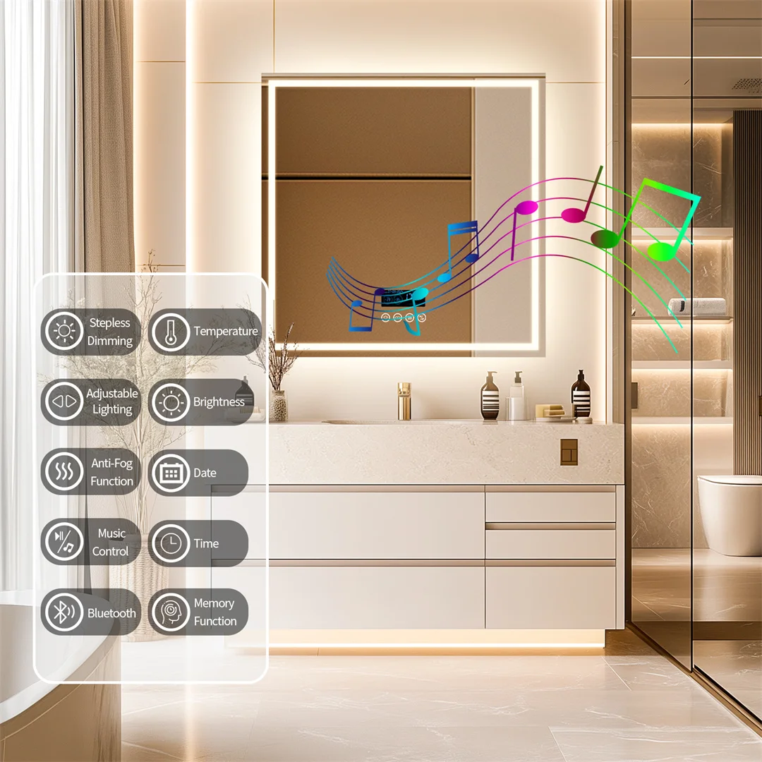 LUVODI 32 Inch Square Lighted Bathroom Mirror with Bluetooth Speaker Wall Vanity Mirror with Time Date Temperature Display