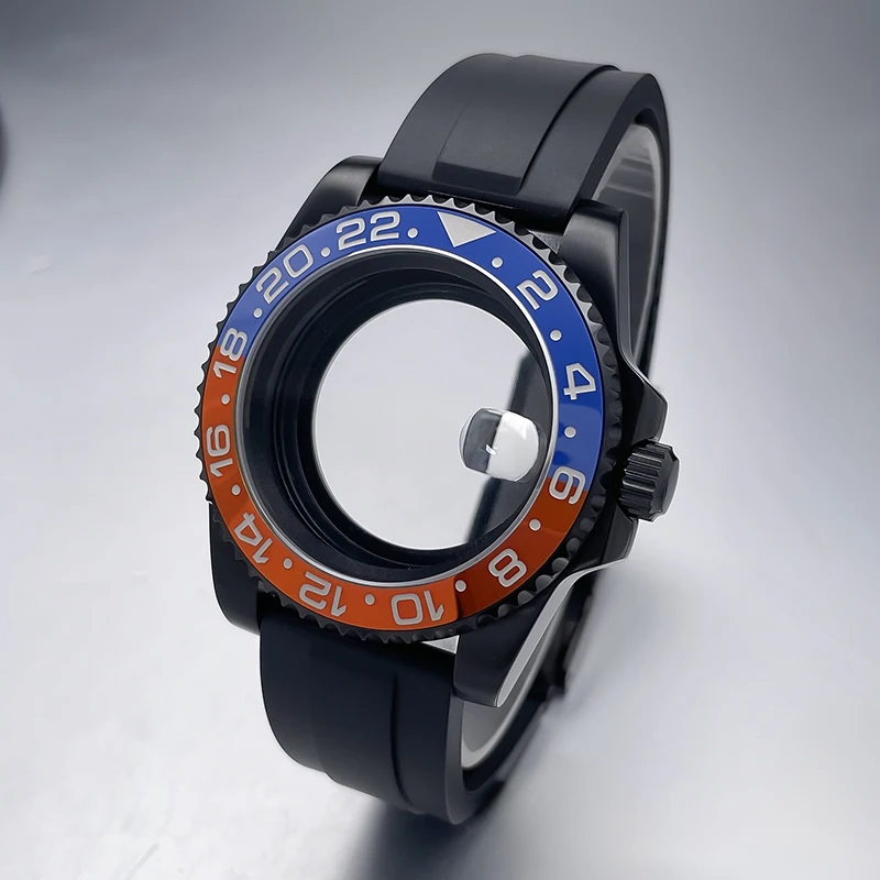 All-Black Sub Style Watch Case with Rubber Strap and Sapphire Crystal