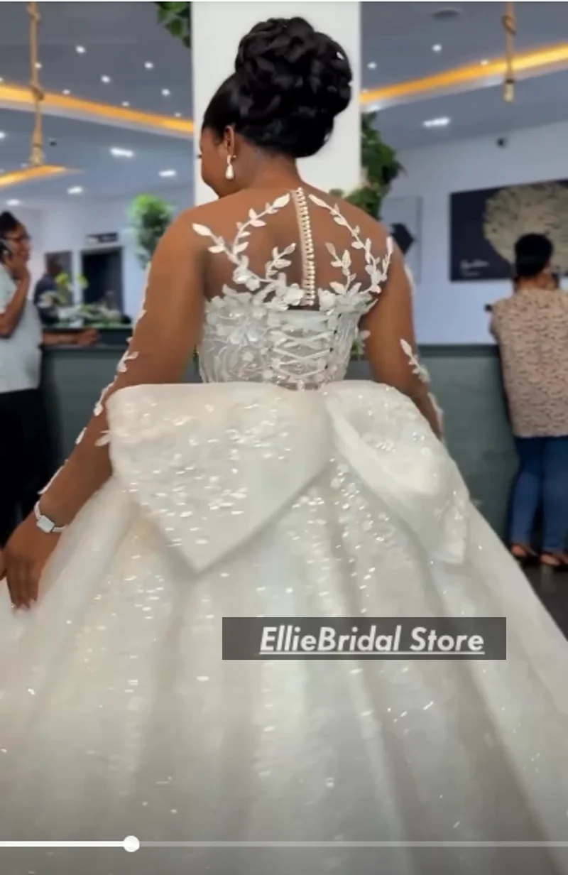 African Ball Gown Wedding Dresses For Brides Sheer Neck Lace Bridal Gowns Long Sleeve Beading Vestido De Noiva 2025 Customized