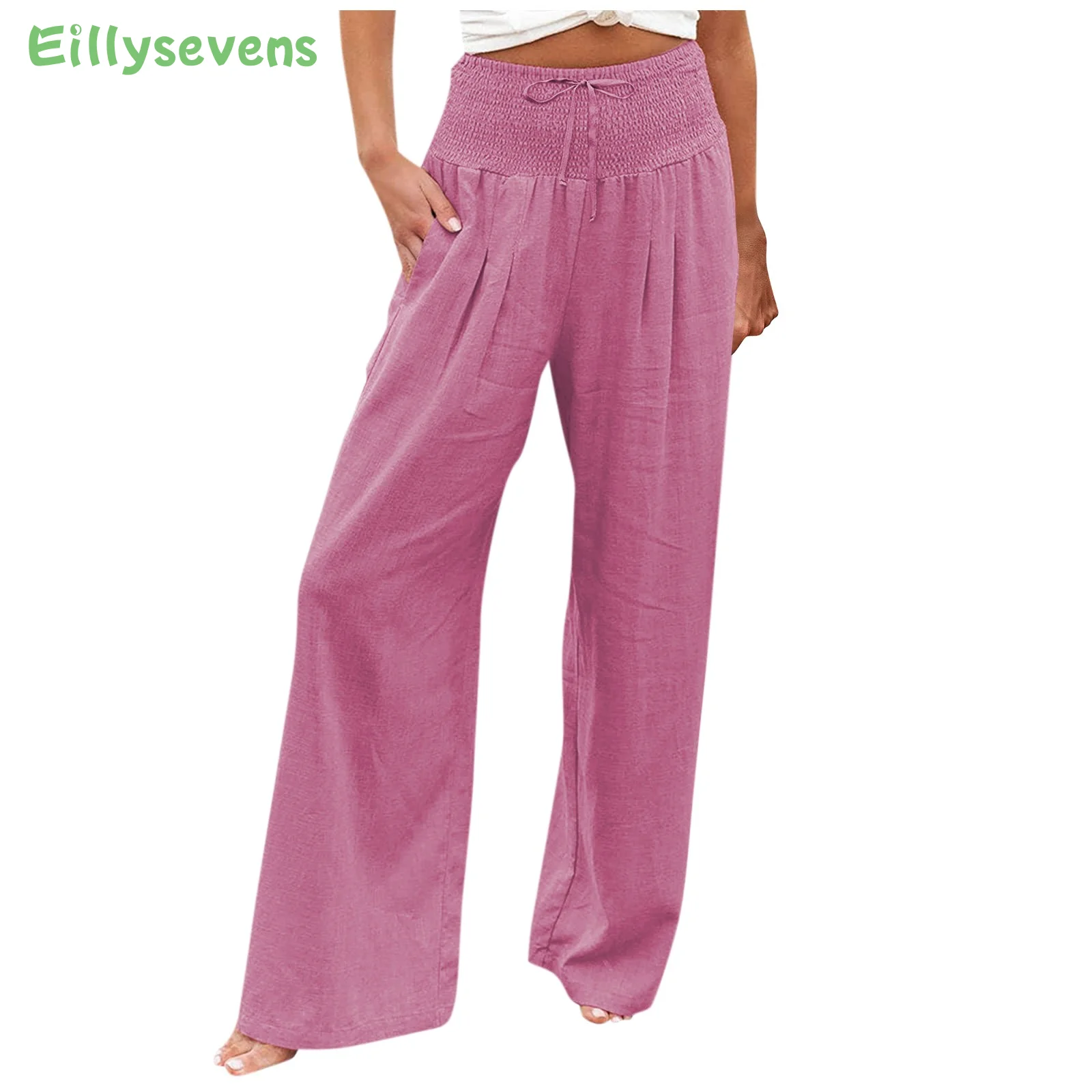 

Women Cotton Linen Wide Leg Pants Casual Loose Solid Office Lady Trousers Vintage Fashion Elastic Waist Oversized Pantalon Pant