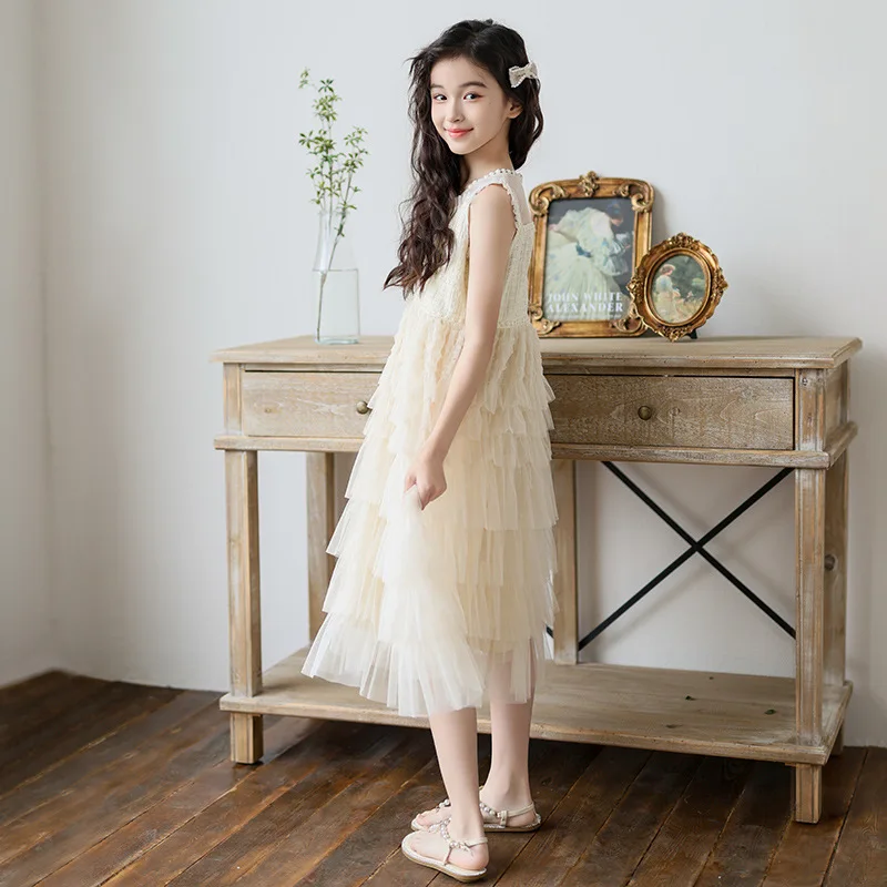 Tulle Tiered Dress for Girls 2025 New Summer Sleeveless Vest Princess Dress Daily Party Holiday Beige Teenage Children Clothes - Image 4