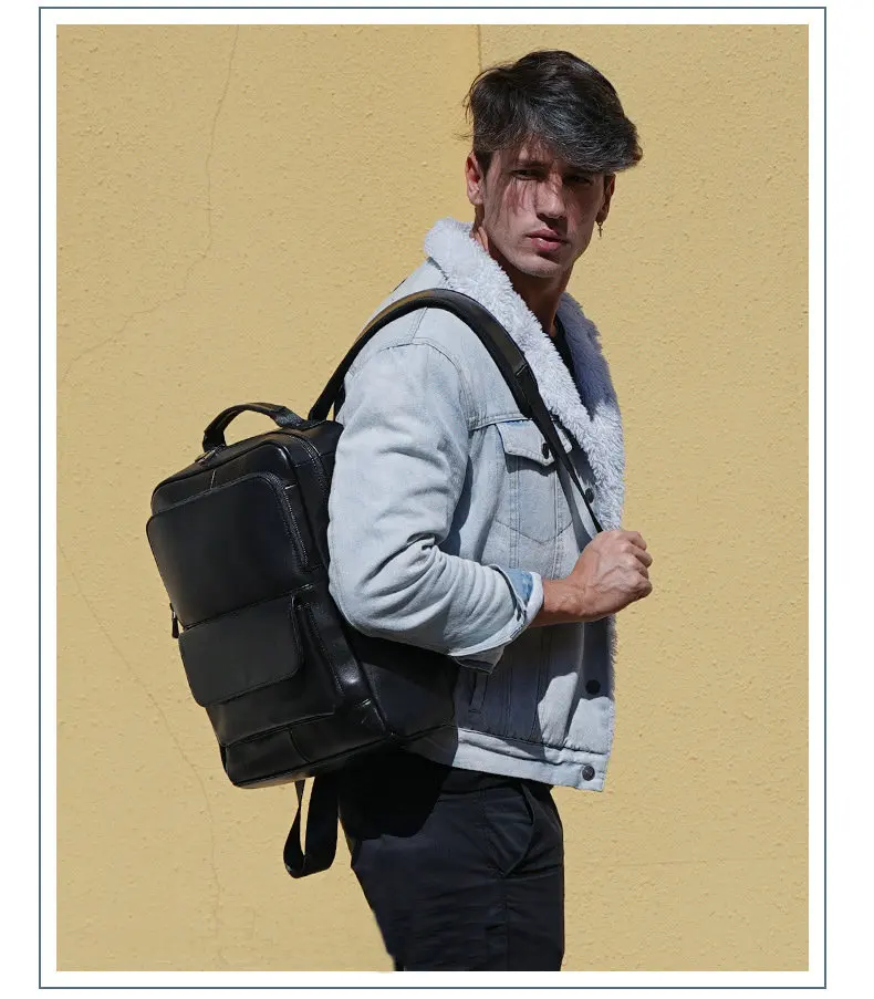 Unisex Black Leather Laptop Backpack Purse Bag