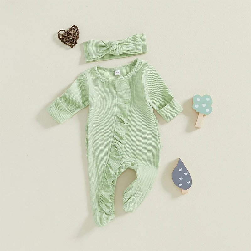 Pudcoco Newborn Baby Girl Fall Outfit Ruffle Trim Long Sleeve Full Length Zipper Footed Romper Bow Headband baby clothes