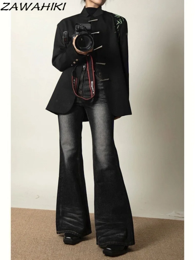 

Black Solid Color Chic Designed Flare Pants Women High Street American Retro High Waist All Match Fashion Vintage Fashion Jeans