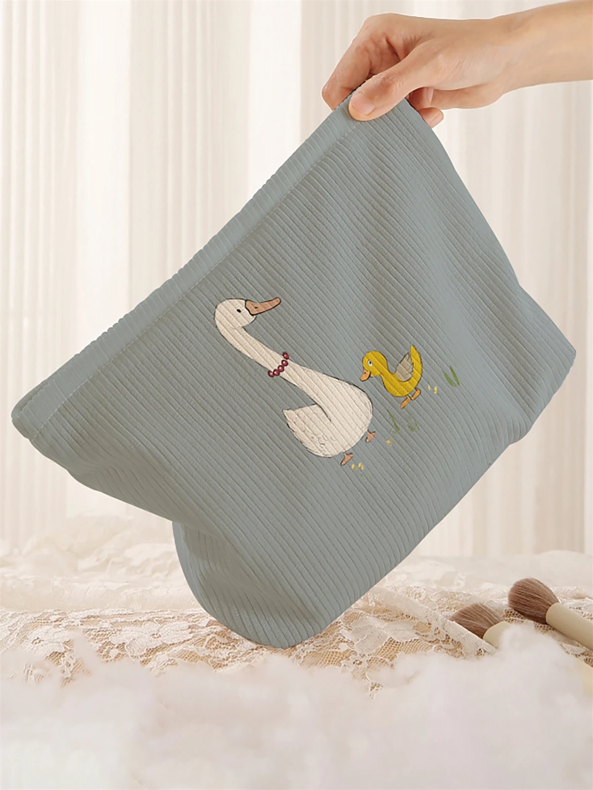 1pc duck pattern printed corduroy makeup bag, lightweight zipper makeup storage box, multifunctional bag with lining