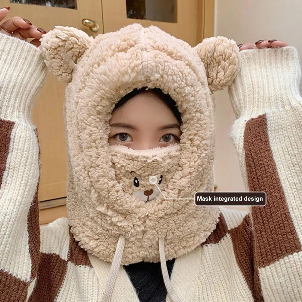 Winter Balaclava Hat With Mask One-piece Cute Bear Lamb Beanie Hats Warm Thicken Ear Protection Skullies Beanies For Women Girl