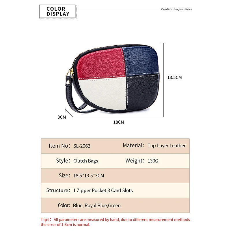 Womens Leather Clutch Collar Bag Zipper Contrast Color Cowhide Phone Clutch Wallet Women's Soft Personalized Handbag