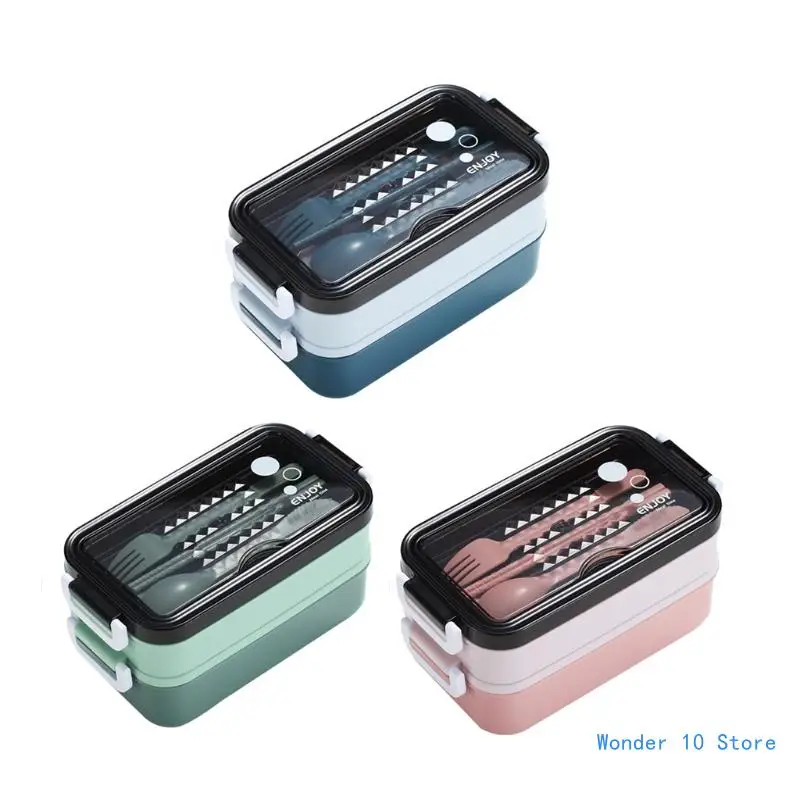 

Double Layer Lunch Box with Spoon Fork Chopsticks Leak-Proof Bento Dinnerware Set Microwave Adult Student