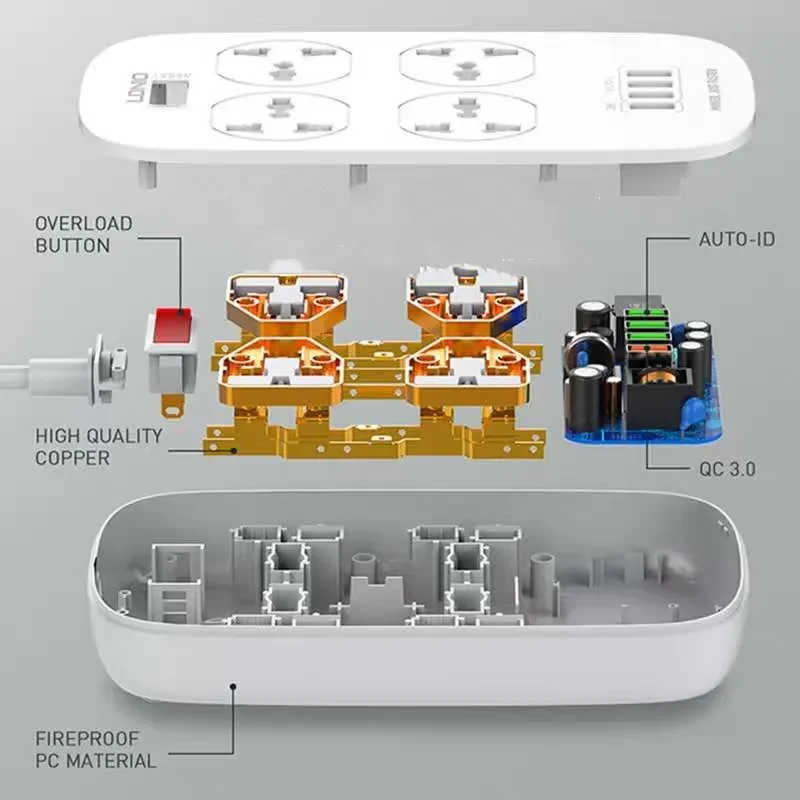 LDNIO EU ̱  2500W   QC3.0 USB    Ȯ  Ʈ, 4 USB 10A ܼƮ 2M ġ