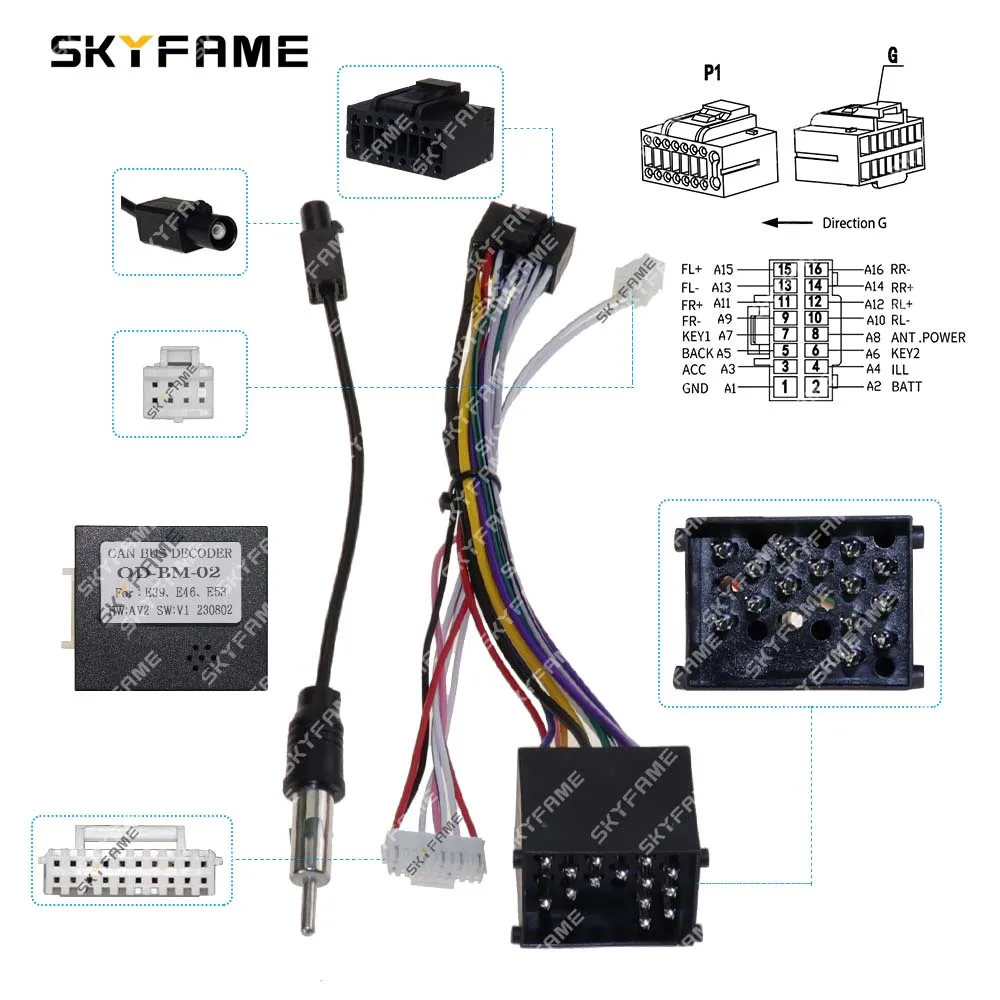 SKYFAME Car 16pin Wiring Harness Adapter Canbus Box Decoder Android Radio Power Cable For BMW E39 E46 E53 X5 5 Series OD-BM-02