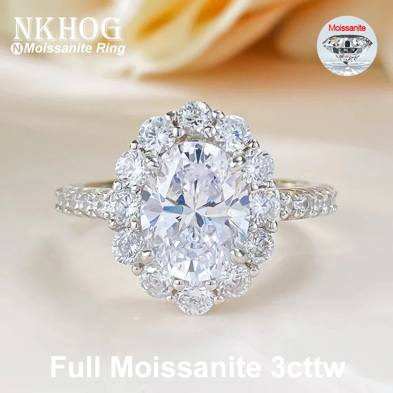 

NKHOG Full Moissanite 7*9mm Oval Cut Ring Women S925 Sterling Silver Women Eternity Engagement Wedding Band Gifts GRA Certified