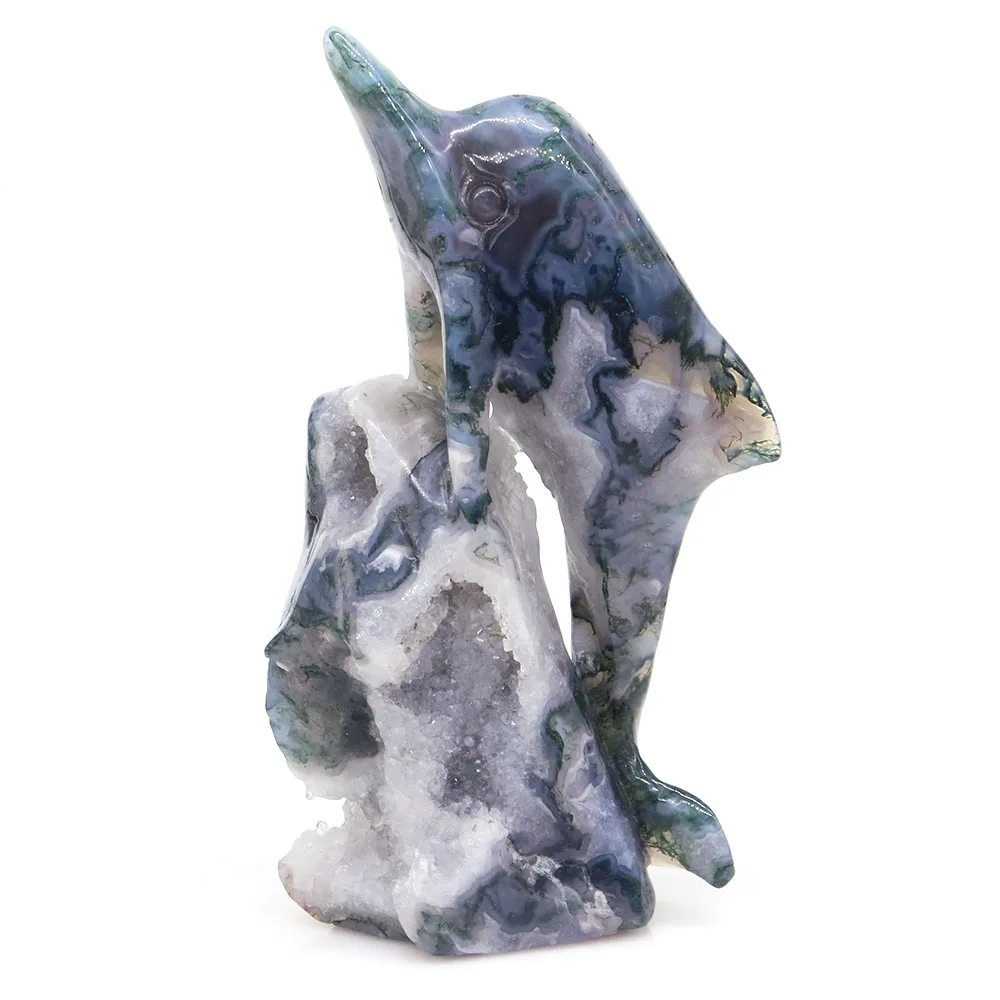 

5.7" Dolphin Statue Natural Gemstone Moss Agate Geode Crystal Hand Carved Reiki Healing Stone Animal Figurine Crafts Home Decor