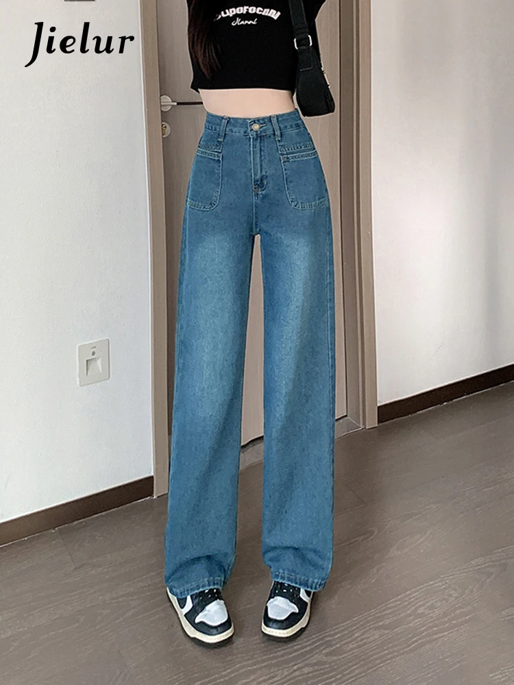Jielur Autumn Casual Loose Women Jeans New High Waist Slim Chicly Straight Leg Jeans Female Blue Fashion Basic  Street Pants