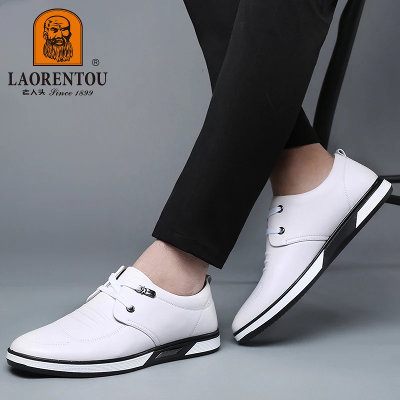 LAORENTOU genuine leather breathable casual small white shoes for men's Korean version cowhide soft sole white driving shoes 2