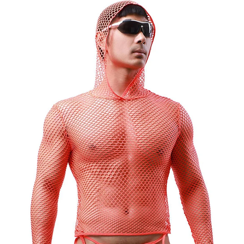 Sexy Men Mesh Hoodies Undershirts Lingerie Transparent Hooded T-shirts Fitness Fishnets Underwear Fetish Party Club Nightwear