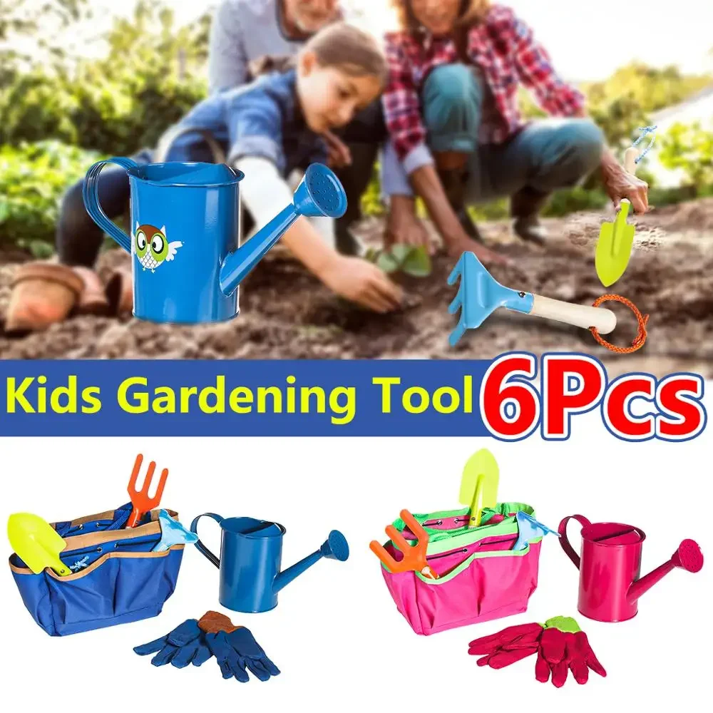 6Pcs Kids Gardening Tools Children Shovel Spade Fork Set Tote Bag Garden Yard