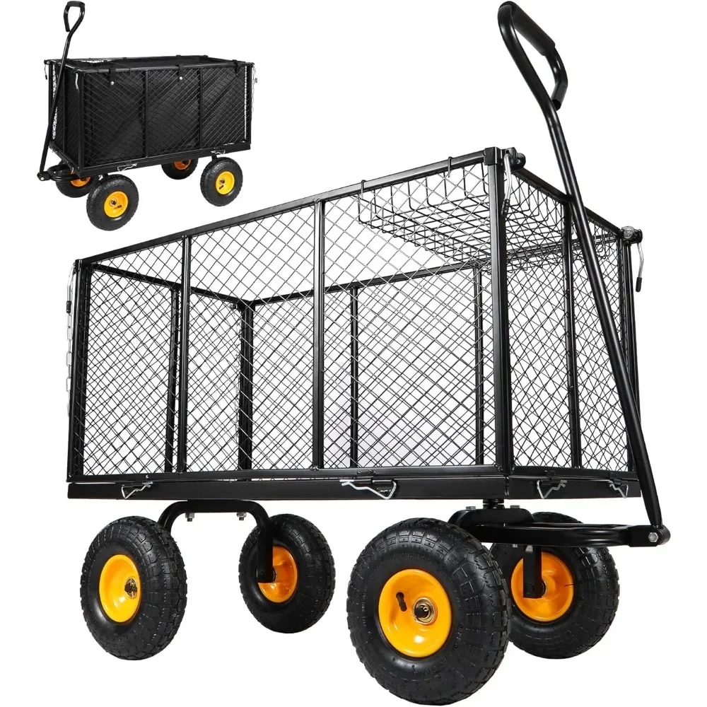 Garden Carts 800 Lbs Capacity Utility Mesh Iron Garden Wagons With Removable Sides Cargo Trolleys Multi-purpose Cart With Wheels
