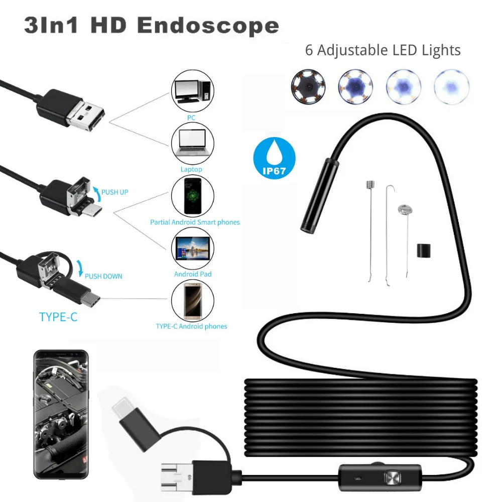 USB Endoscope camera IP67 6 LEDs Android Smartphone OTG UVC