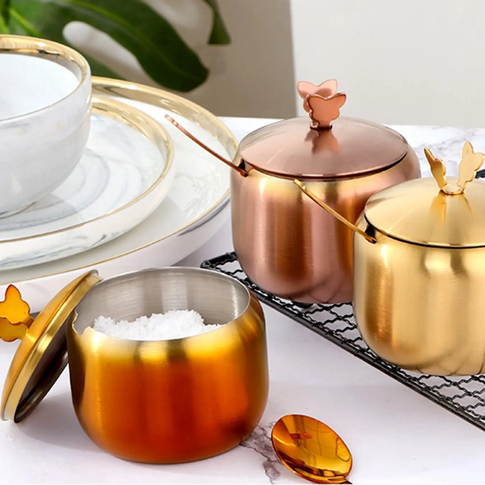 Seasoning Box Kitchen Stainless Condiment Pot Large Diameter Spice Salt Sugar Container Jar with Lid & Spoon