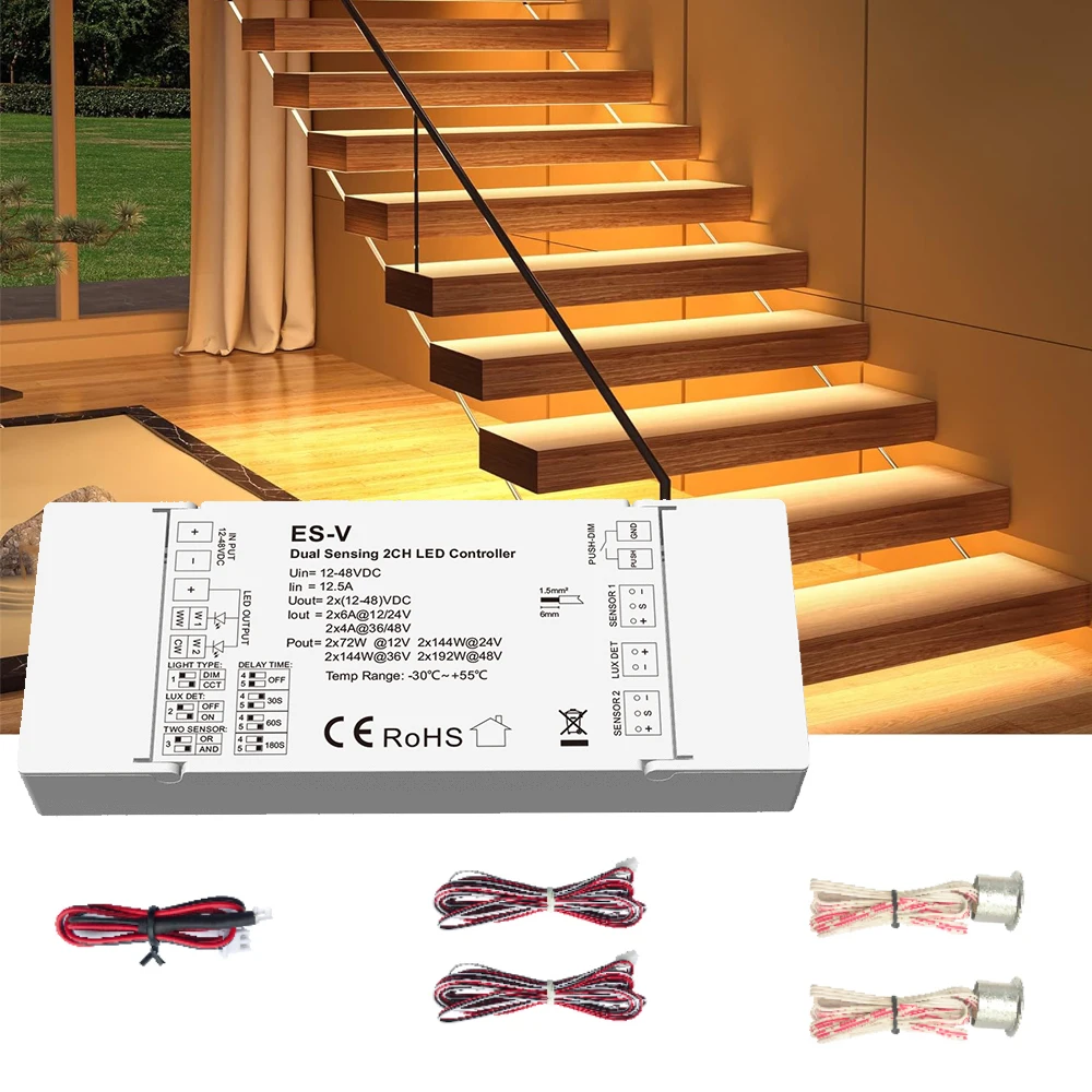 PIR Motion Sensor 2CH LED Controller Dimmer DC12-48V Staircase Light ...