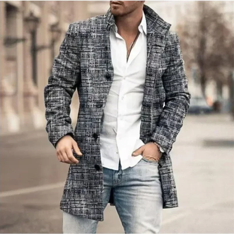 Checkered Men's Trench Coat Autumn Winter Outdoor Casual Windproof Woolen Jacket