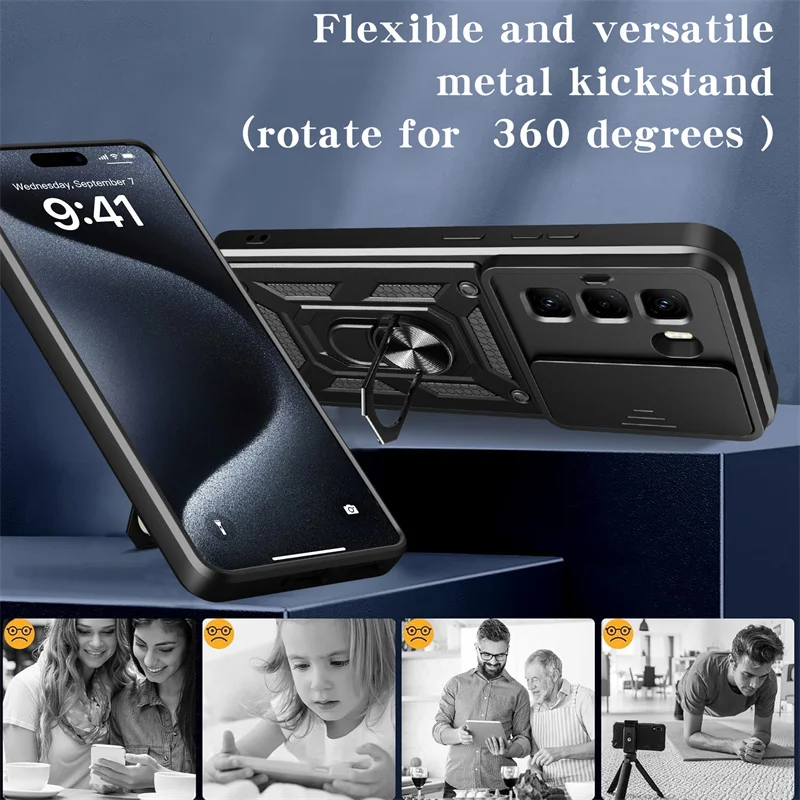Shockproof Armor Magnetic Car Holder Case with Slide Camera Protection and Ring Stand