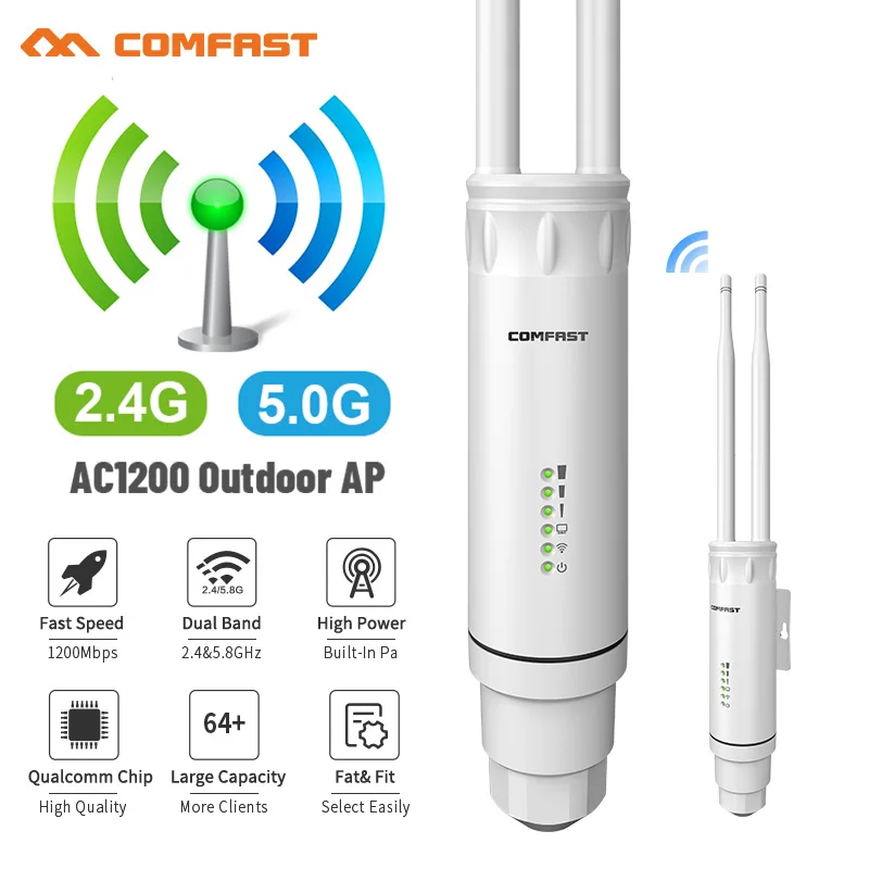 NEWFAST WLAN-Repeater, lange Reichweite, 1200 Mbps, leistungsstarker 5G/2,4G-Zugangspunkt, 3 Gigabit-Ethernet-Anschlüsse, 2 Antennen, 48 V PoE-Netzteil, WLAN-Verstärker für den Außenbereich, IP66