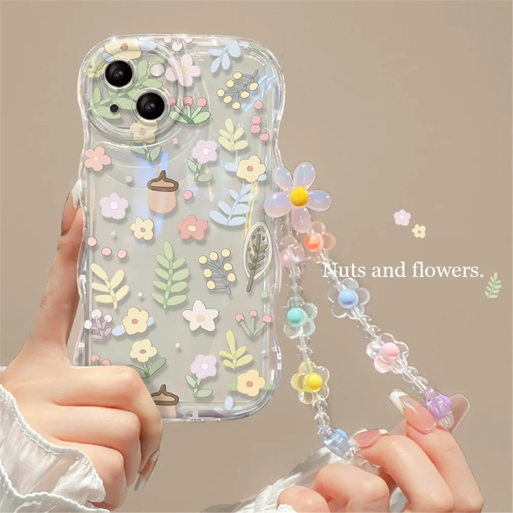 thumbnail image 1 of Cute 3D Flower Bracelet Wrist Chain Lanyard Clear Soft Phone Case for iphone 13 14 Pro Max 11 12 XR XS X 7 8 Plus 14 Back Cover, 1 of 5