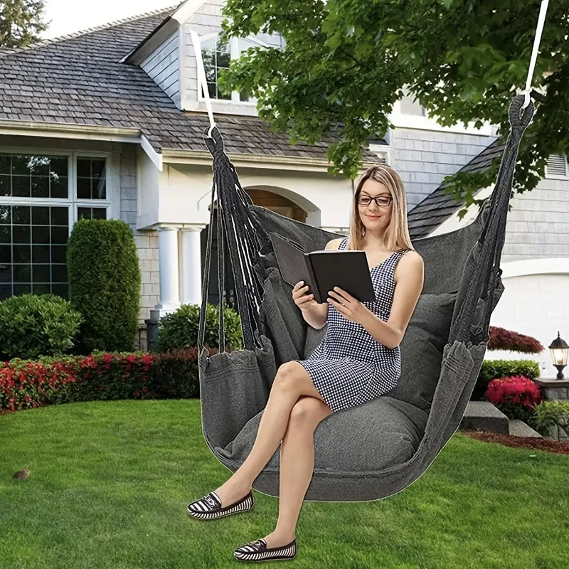 Outdoor Hammock Chair with 2 Pillows, Striped Hammock Suitable for Both Outdoor and Indoor Use, Outdoor Hanging Rope Chair