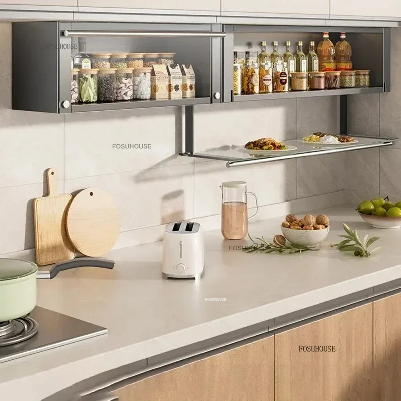 Modern Metal Glass Kitchen Cabinets Wall-mounted Spice Storage Rack Black Pull-out Basket Kitchen Island Creative Home Furniture