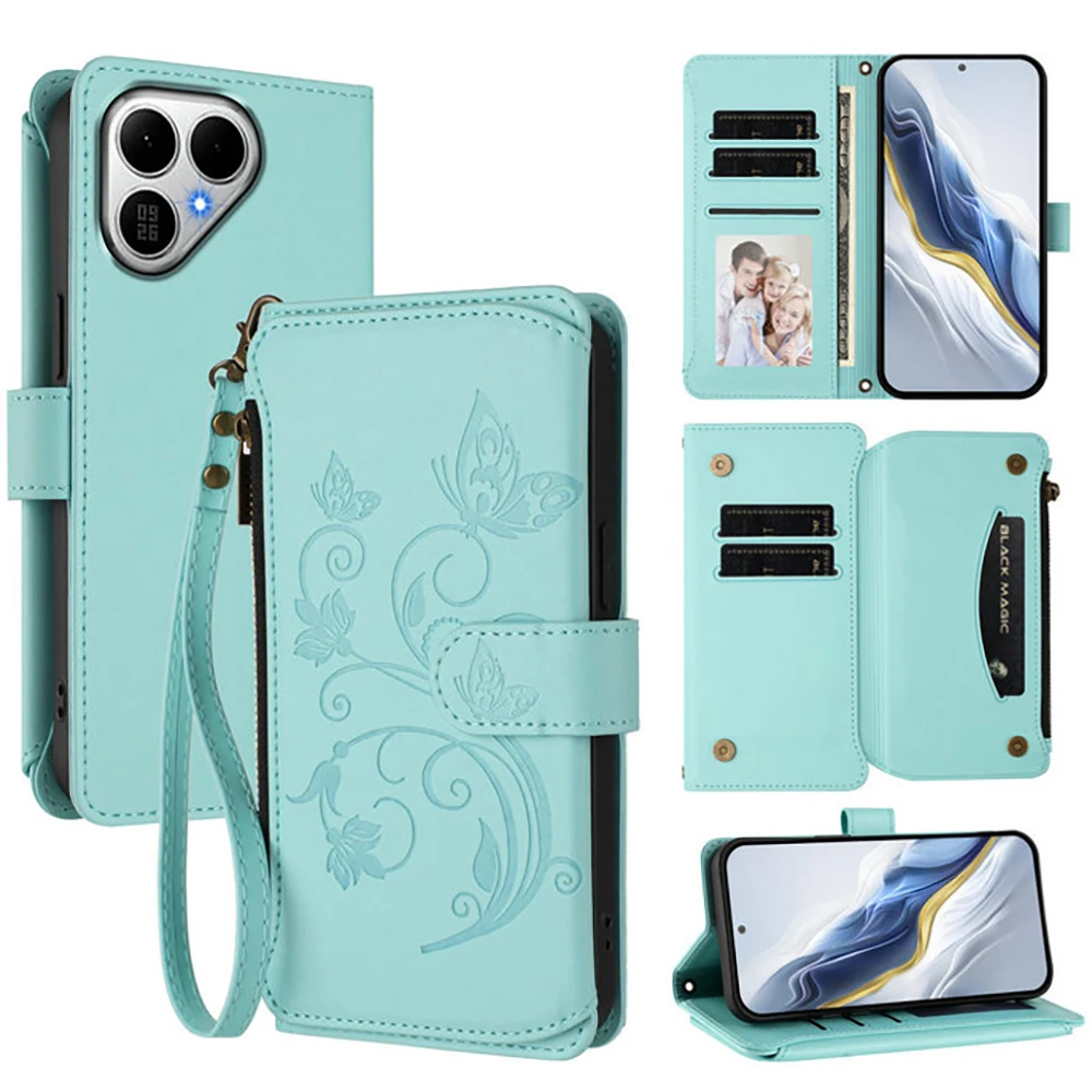 Elegant Embossed Floral Zipper Leather Wallet Flip Case with Crossbody Strap