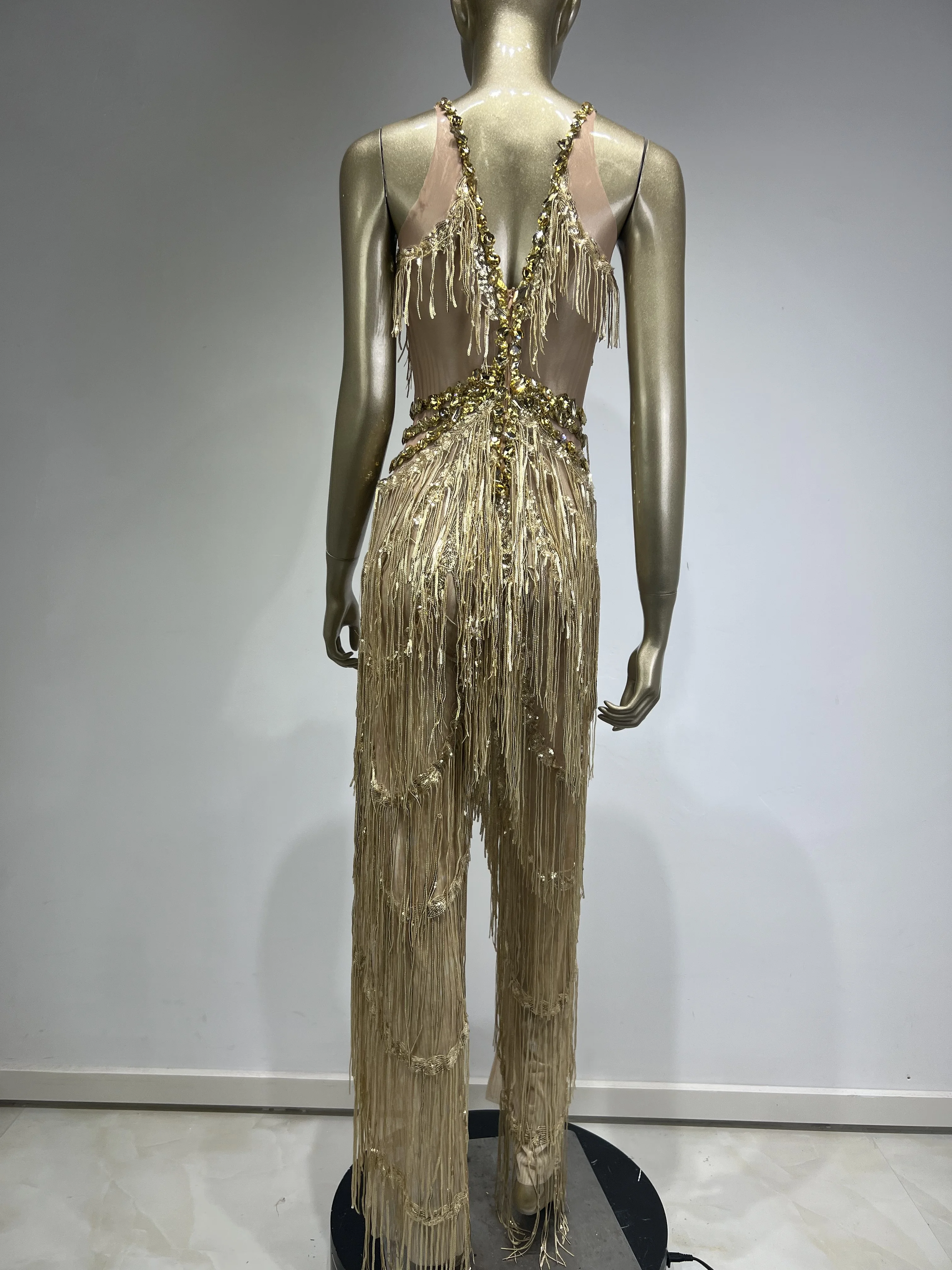 Women Gold Suspender V-Neck Crystal Diamond Tassel Mesh Elastic Jumpsuit Bar Nightclub Stage Performance Clothing