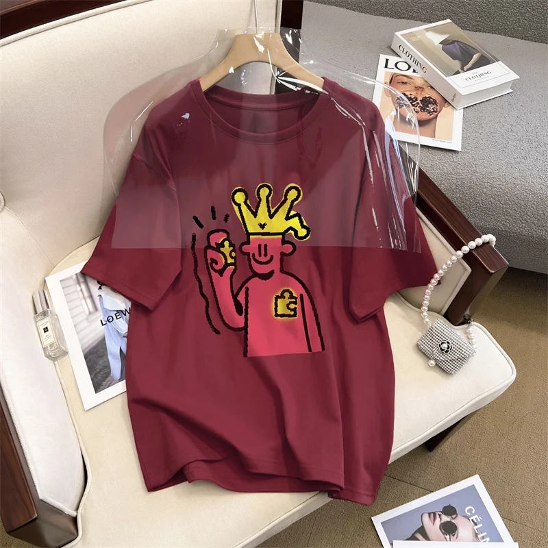 

Summer Short Sleeve O-Neck Fashion Cartoon Clothes Long Loose Women's Cotton T-Shirt Wine Red